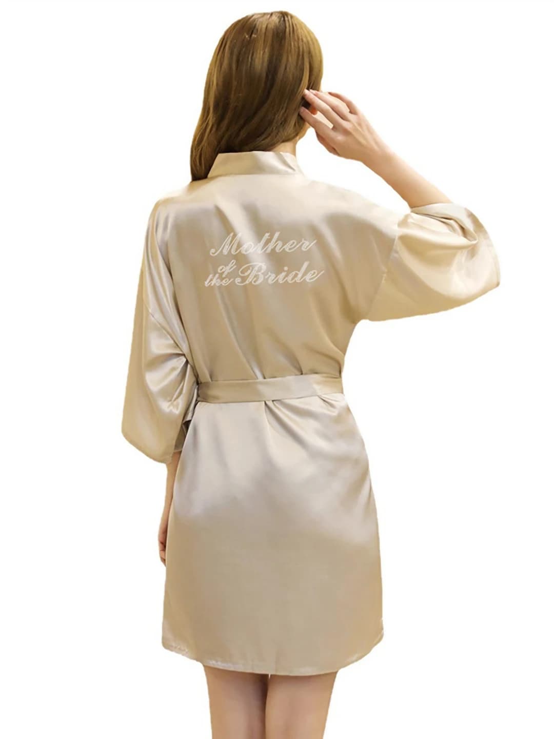 Women's short satin house robe, V-neck, elbow-length sleeve, thin, for summer