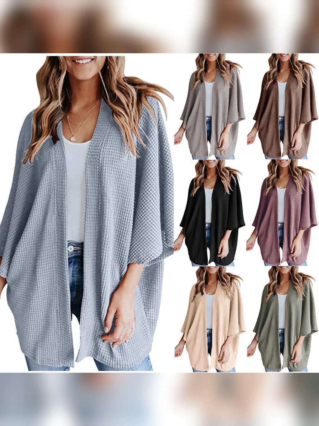 Women's autumn-winter loose fit cardigan, three-quarter sleeve, blazer collar, solid colour, street style, knit top
