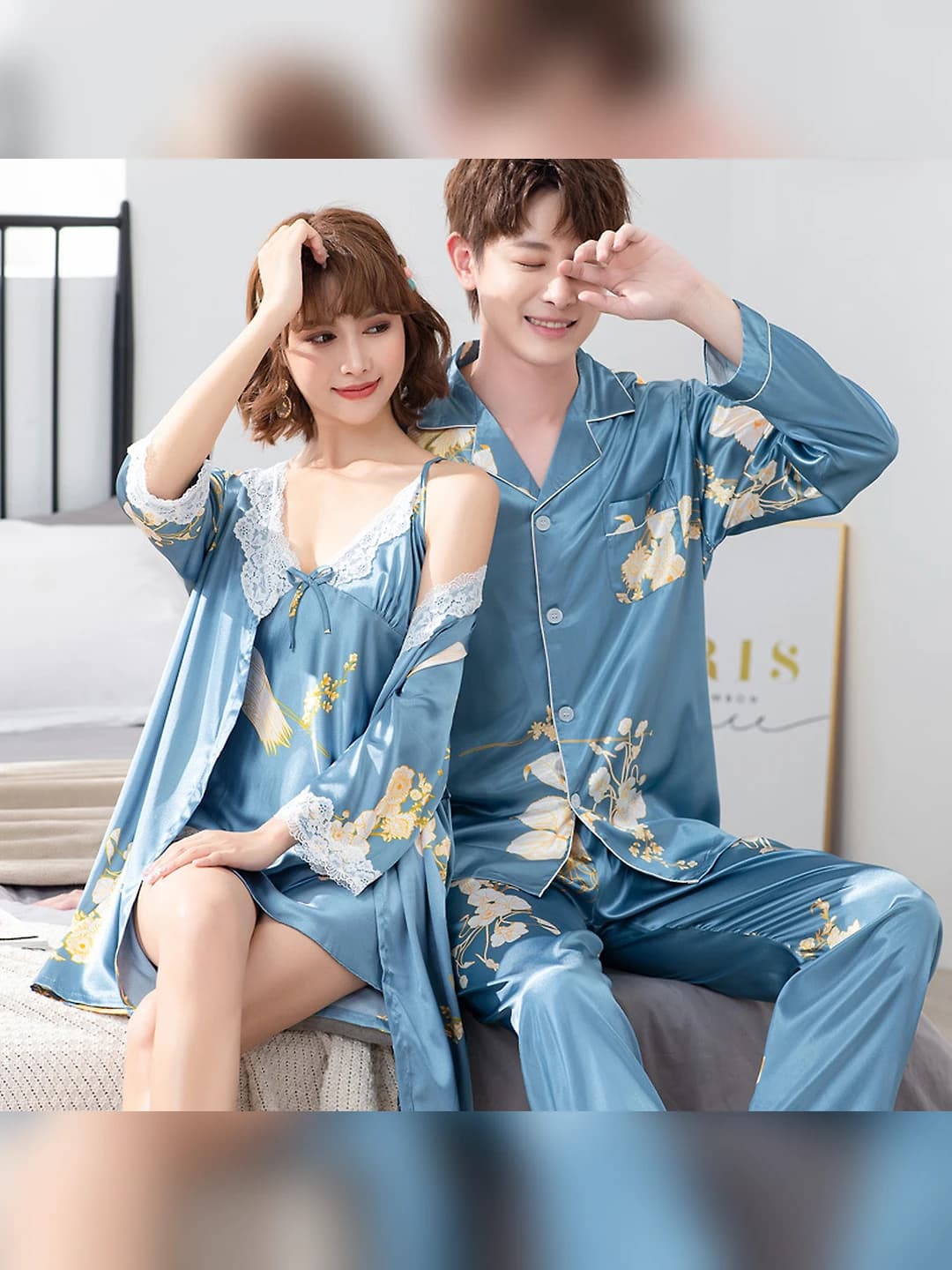 Women's home wear set: ice-silk fabric, long sleeve, trousers, shirt collar, thin, all-season