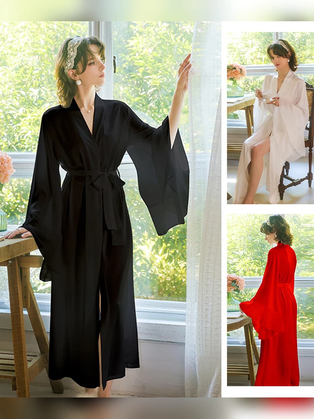 Women's long satin house robe, trumpet sleeves, internal tie, multi-colored, for spring, summer, and autumn