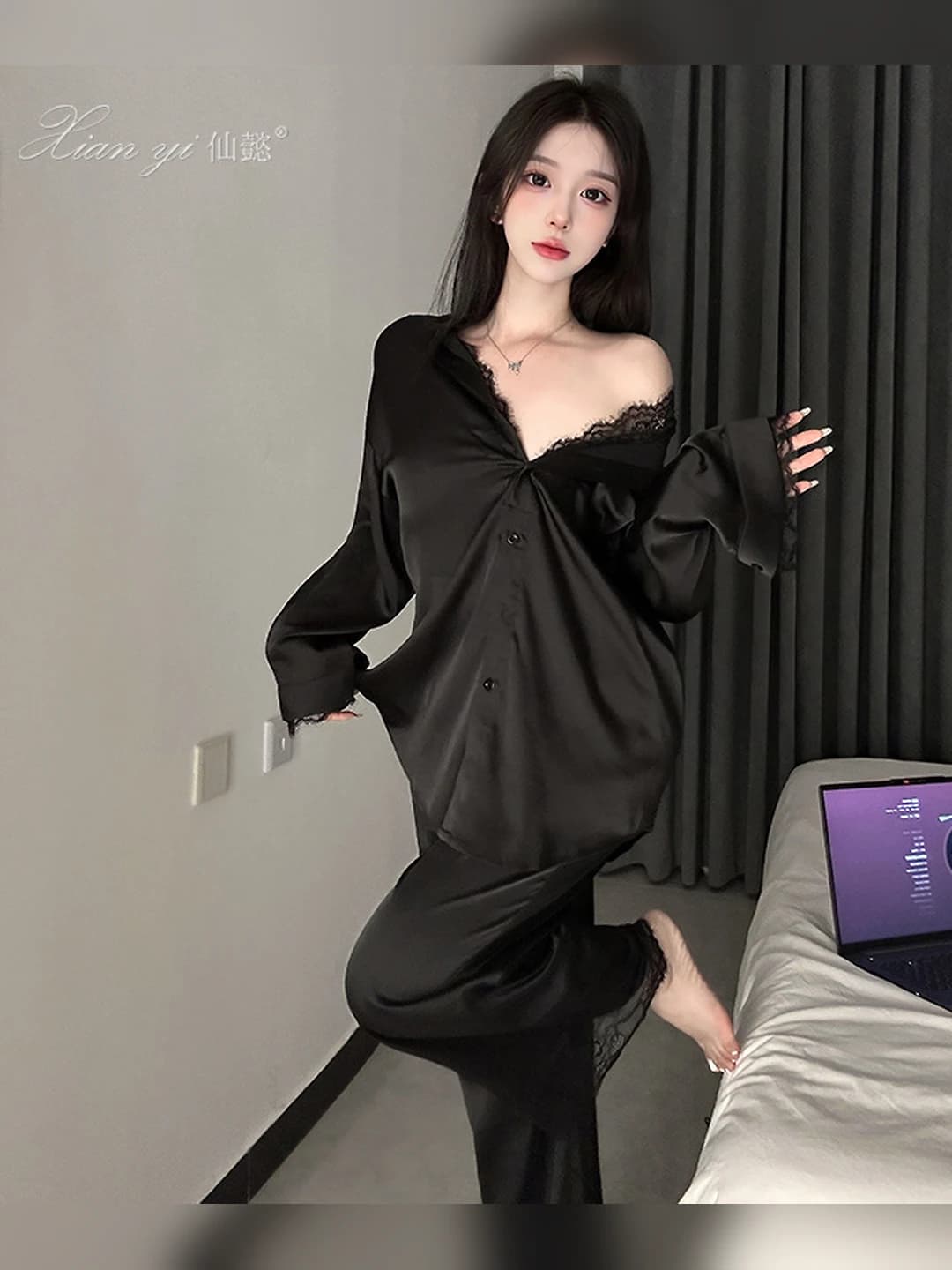 Ayollar uchun sexy ichki kiyimlar to'plami: dantel bluzka va uzun shim, satin mato, uzun yeng