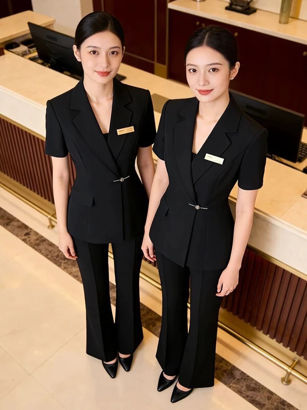 Women's summer thin blazer set with trousers, short sleeve, black, business style workwear