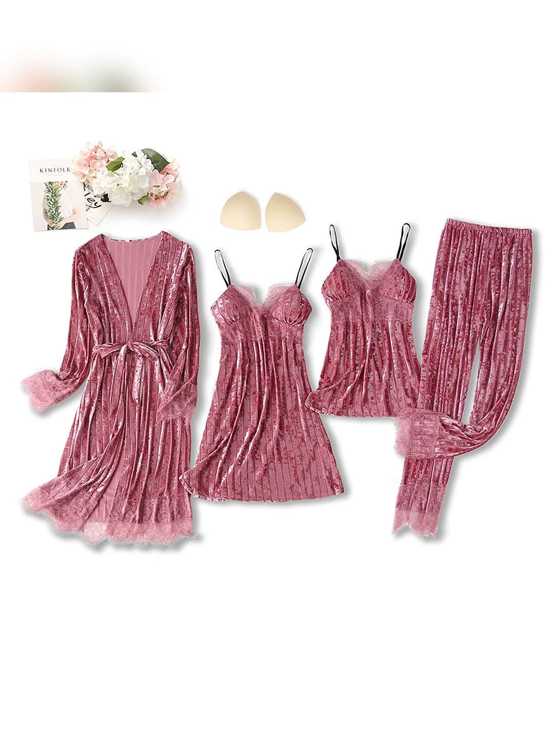 Women's 4-piece home set for autumn-winter 2026, thickened, with lace and bra pads, V-neck, warm