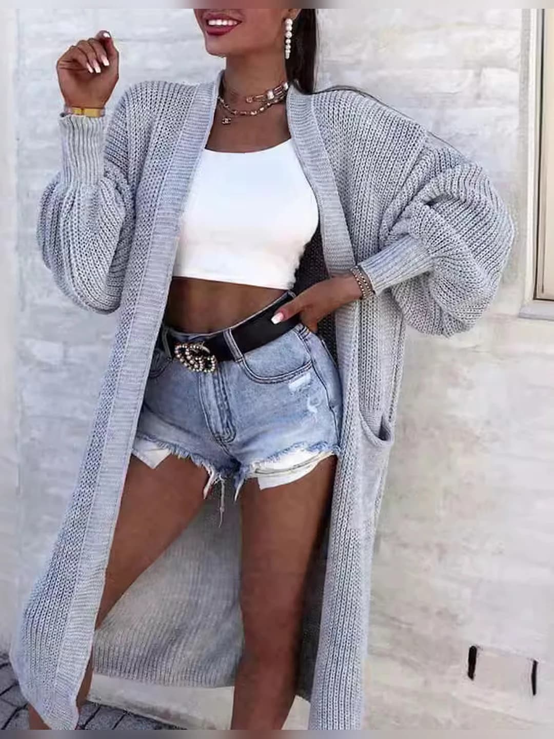 Women's knit cardigan 2026 autumn-winter, solid colour, V-neck, long sleeve, loose fit, mid-length, lantern sleeve, pockets