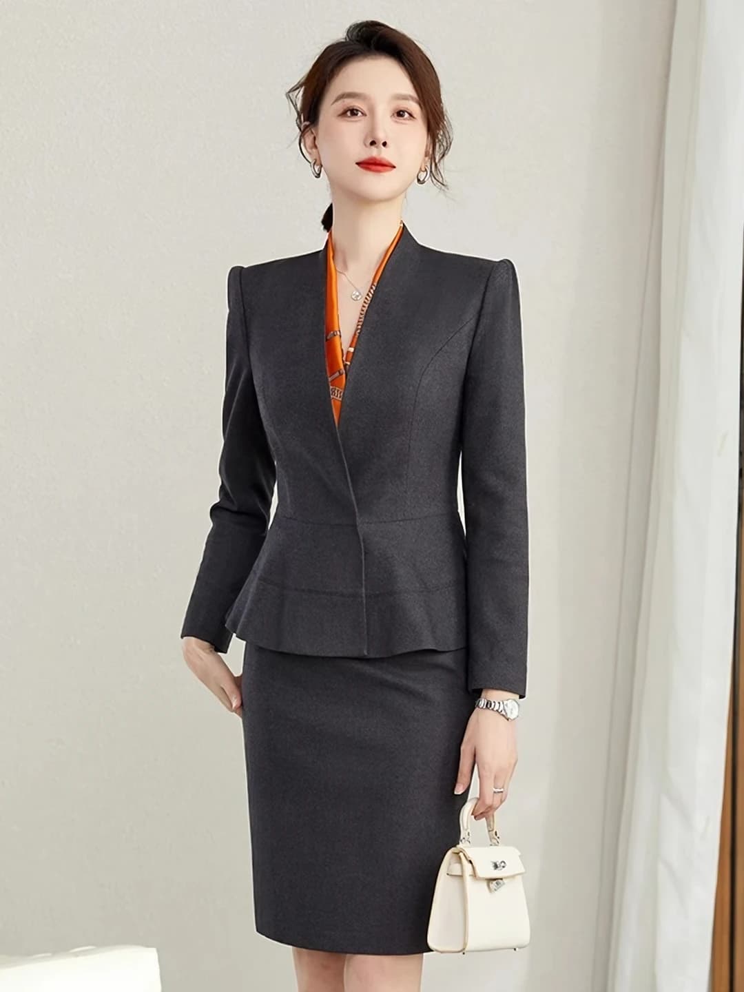 Grey long blazer + skirt (scarf gift)