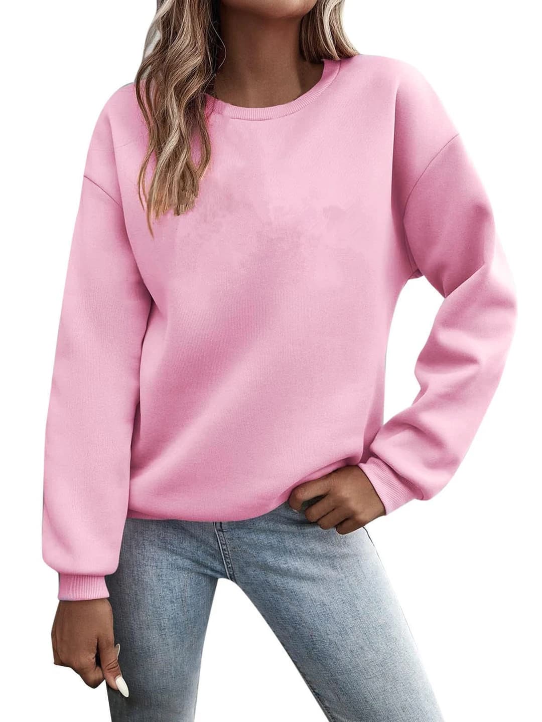 Women's autumn-winter fleece-lined crew neck long sleeve loose fit solid colour casual sports sweatshirt