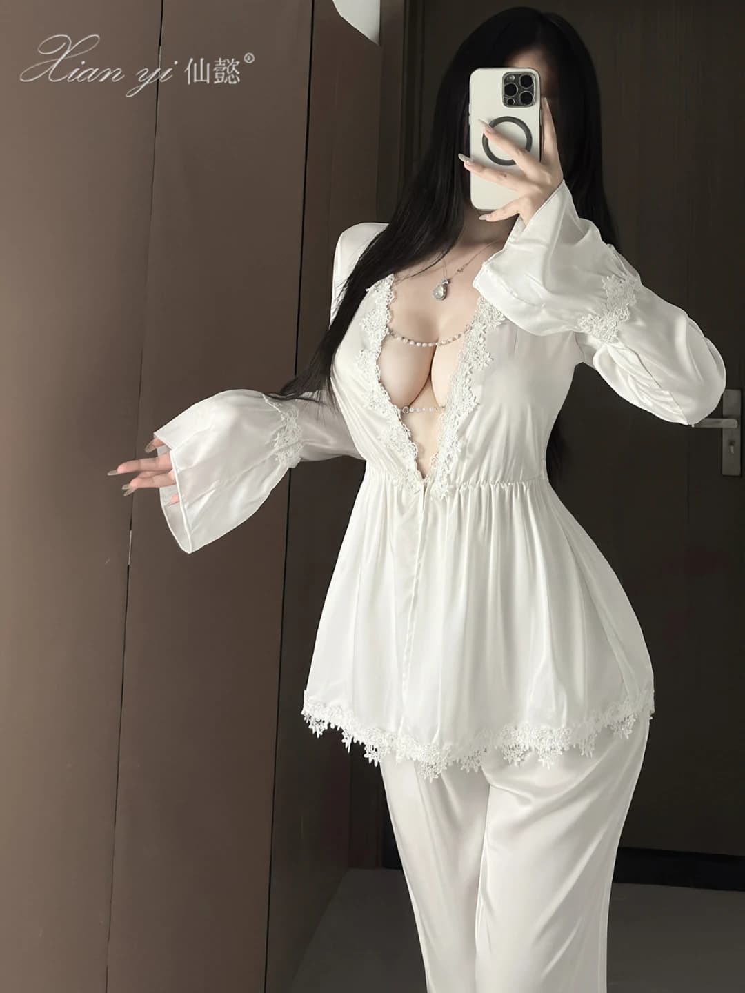 Women's lace pajama set, long sleeve, trousers, V-neck, thin, breathable, loungewear