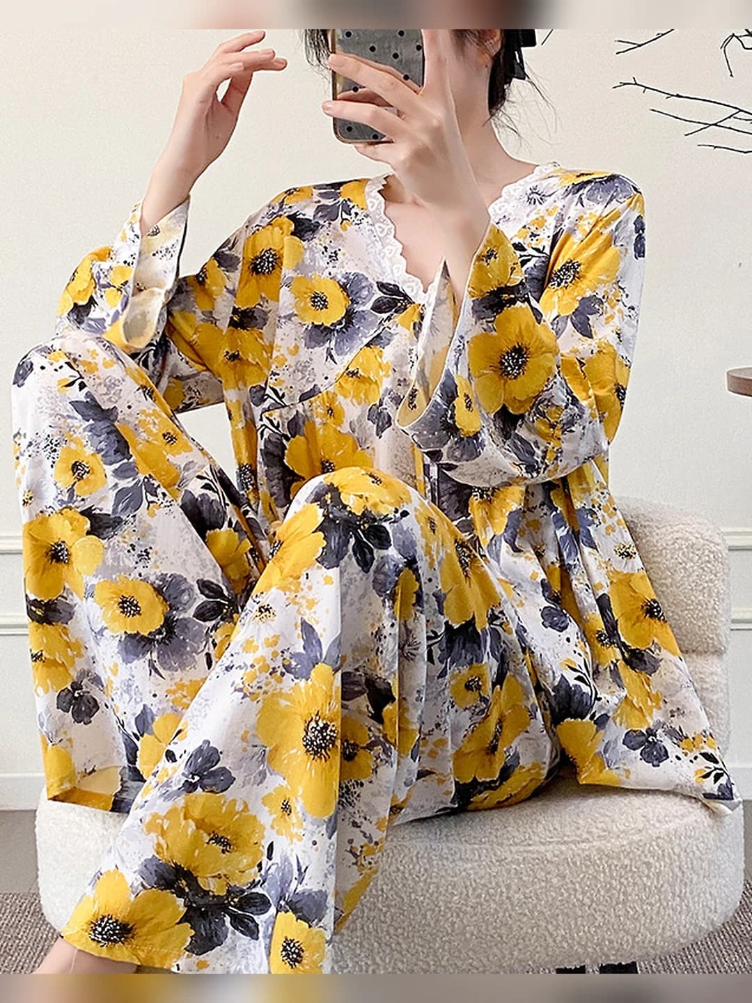 Women's spring-autumn home wear set, long sleeve, printed, V-neck, stretch, breathable, thin, 100% viscose, plus size, can be worn outside