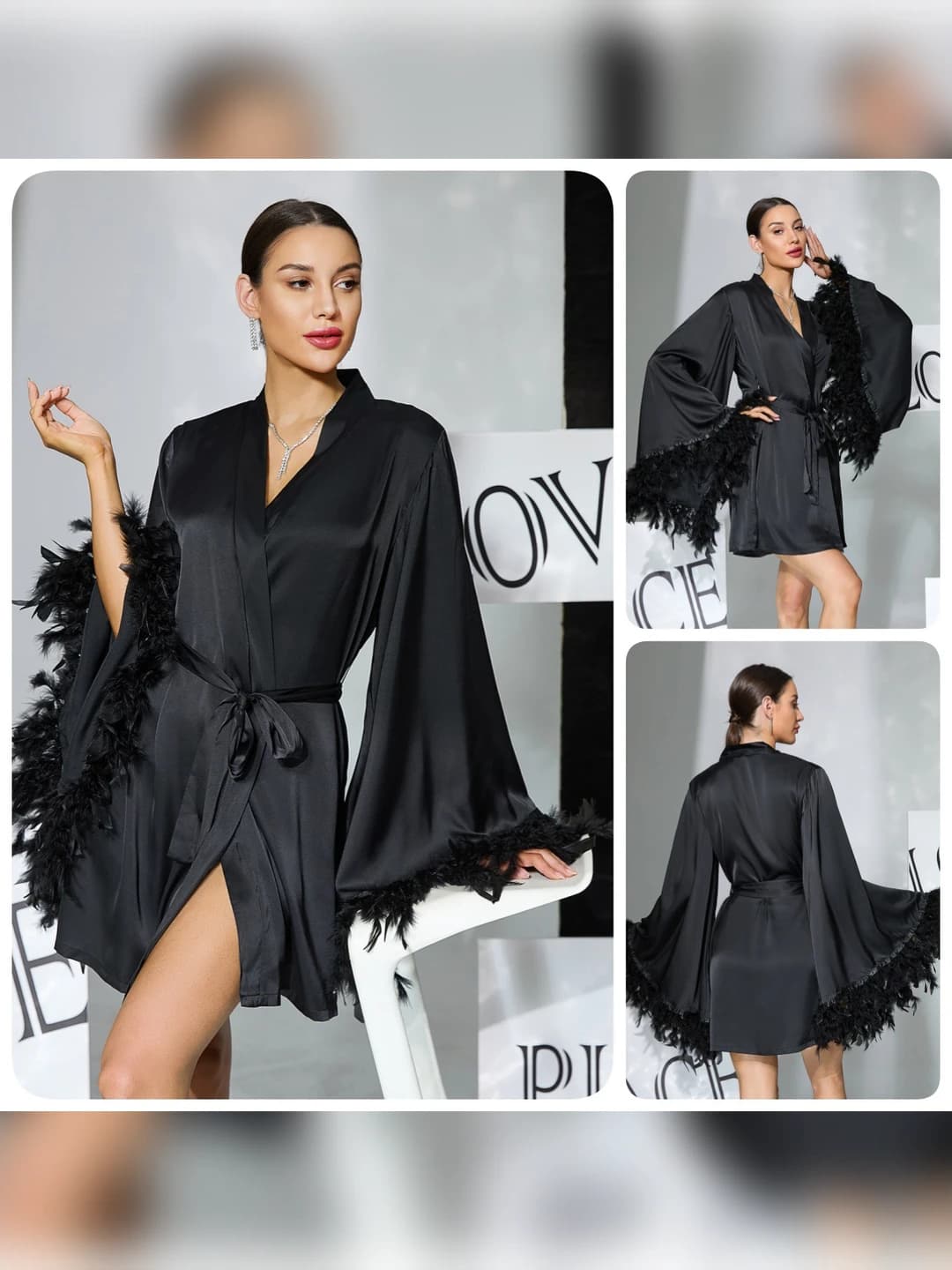 Women's satin feather-trimmed house robe, black, V-neck, cropped, breathable