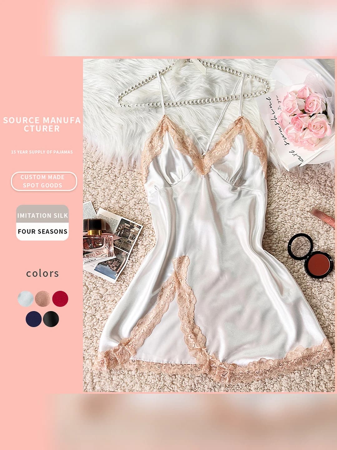Women's thin breathable stretch ice-silk fabric nightgown, sleeveless crew neck, for summer, spring and autumn