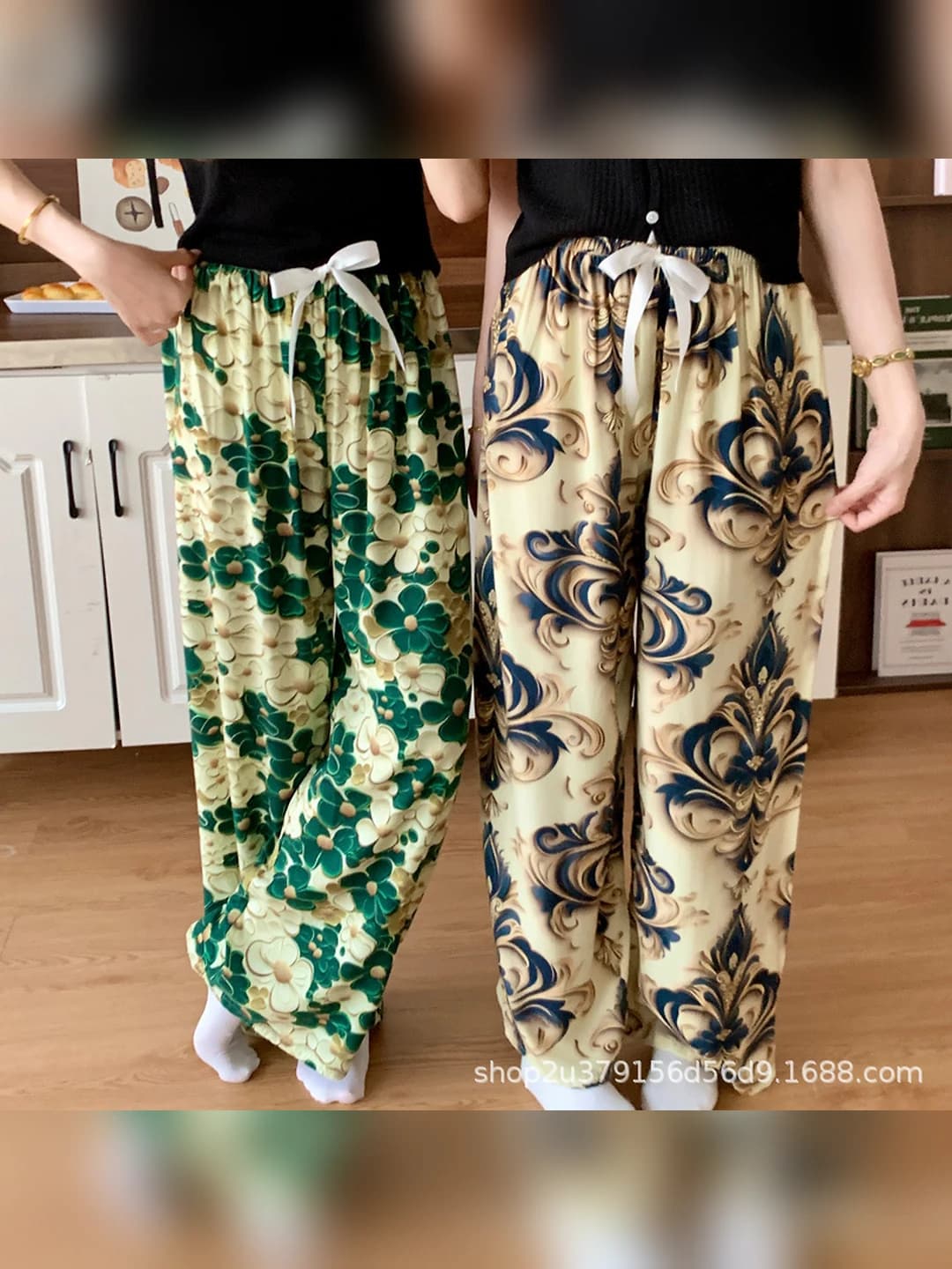 Ayollar uchun 2026 yilgi yozgi pijama shimlari, 100% viskoza, yupqa, uzun, keng shim, xitoy uslubidagi gullar, tashqarida kiyish mumkin