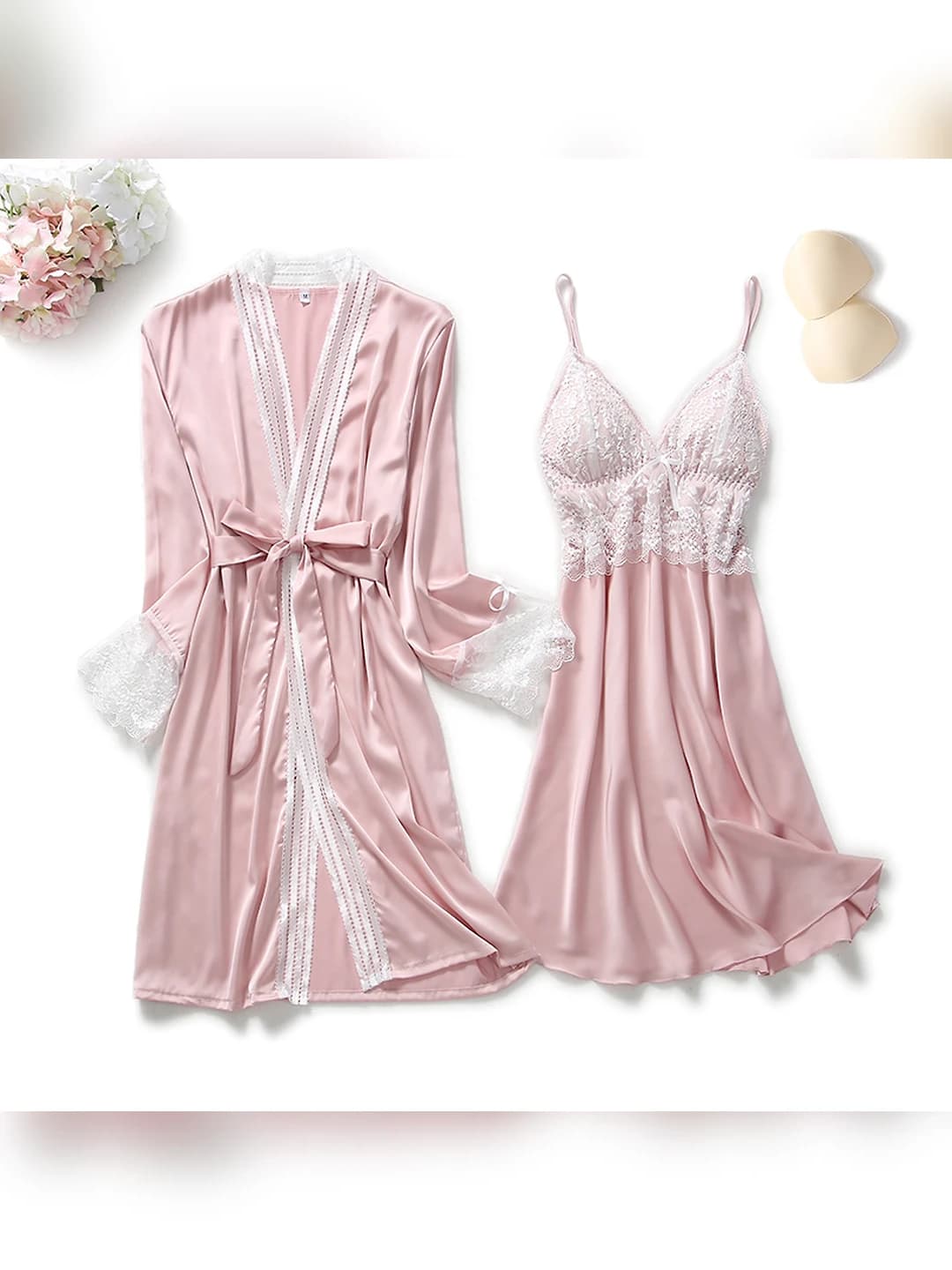 Women's home wear set: lace nightgown and satin cardigan, V-neck, bracelet-length sleeve, thin, spring-summer