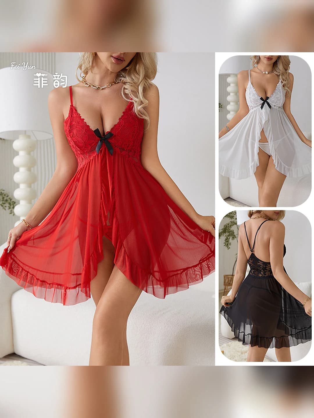 Women's lace lingerie: V-neck, sleeveless, mini skirt, for summer, spring, autumn