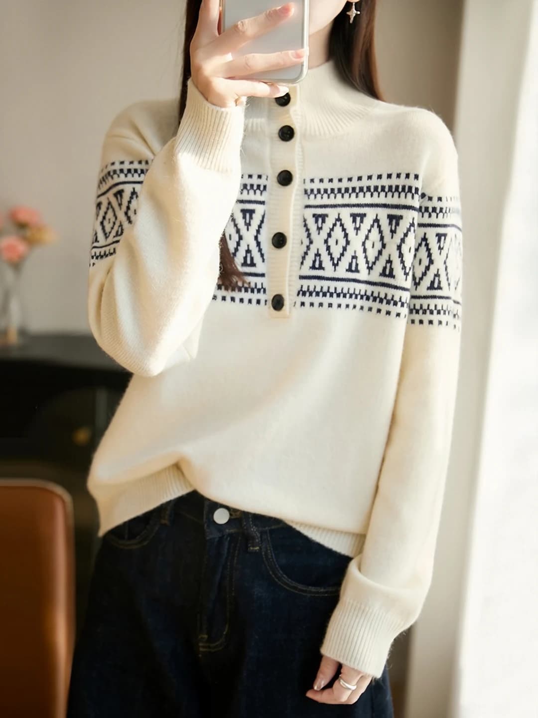 Women's wool knit pullover sweater, retro, mock neck, long sleeve, slimming, autumn-winter