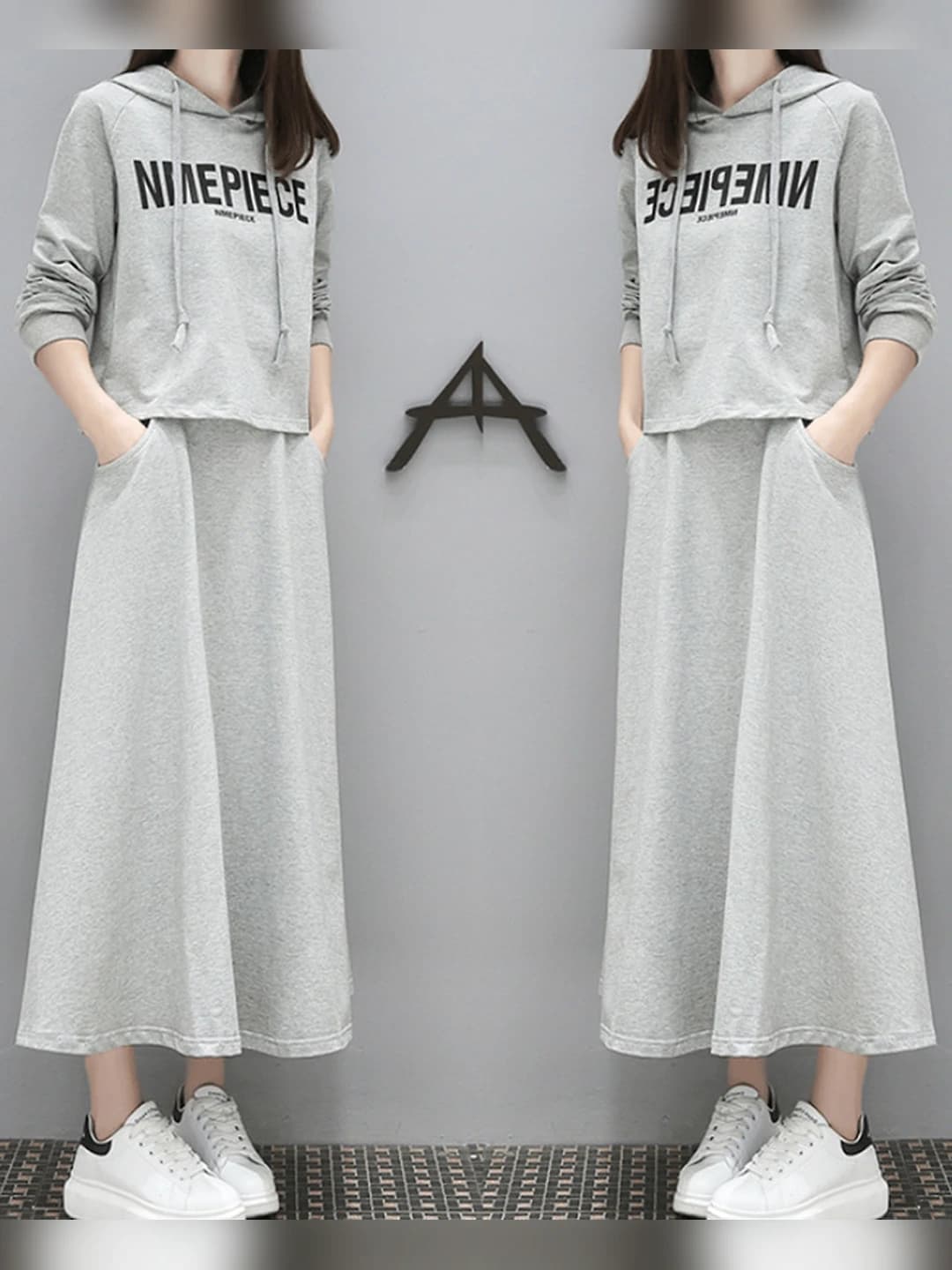 Women's casual two-piece set: Korean style sweatshirt and long skirt, printed, spring-autumn