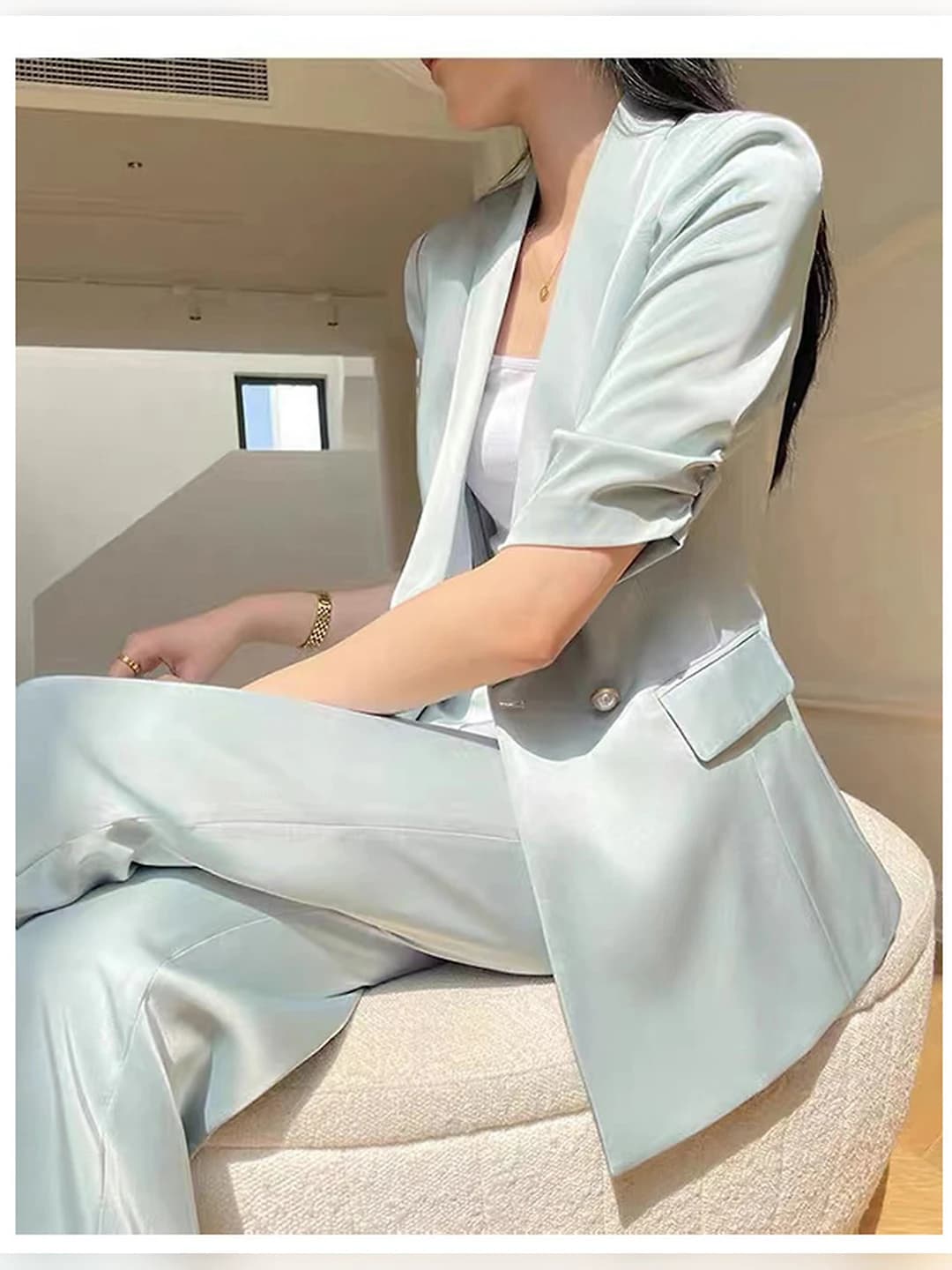 Women's thin white all-season casual set with blazer and trousers