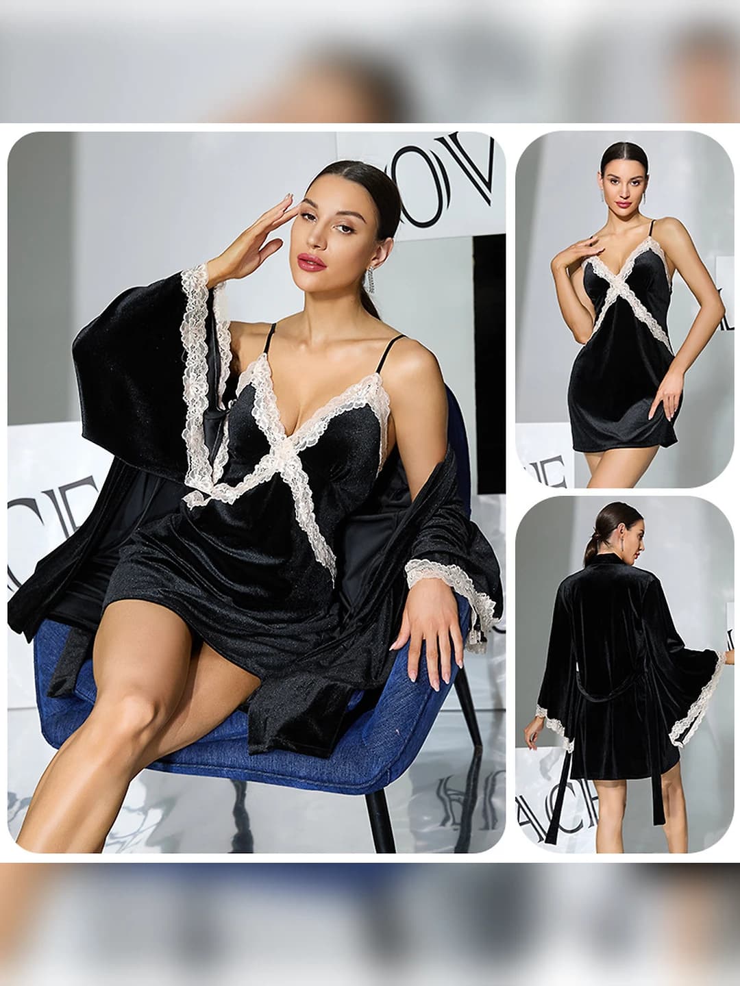 Women's home set: velvet lace robe and slip nightgown, V-neck, long sleeve, warm, for winter, spring, autumn