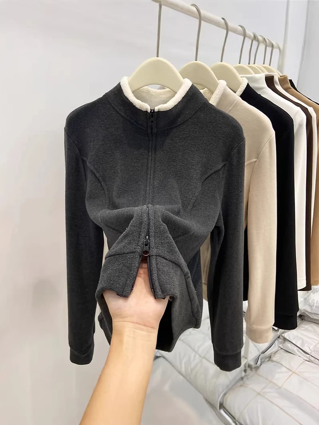 Women's 2026 autumn-winter long-sleeve base top with stand collar, double zip, loose fit, polyester fabric, for inner layer