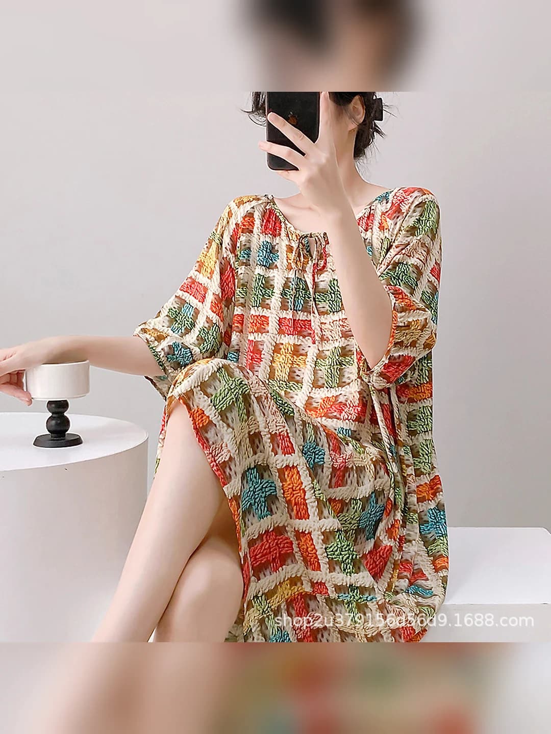 Women's 2026 summer thin short-sleeved long home dress, loose fit plus size, crew neck, 100% viscose