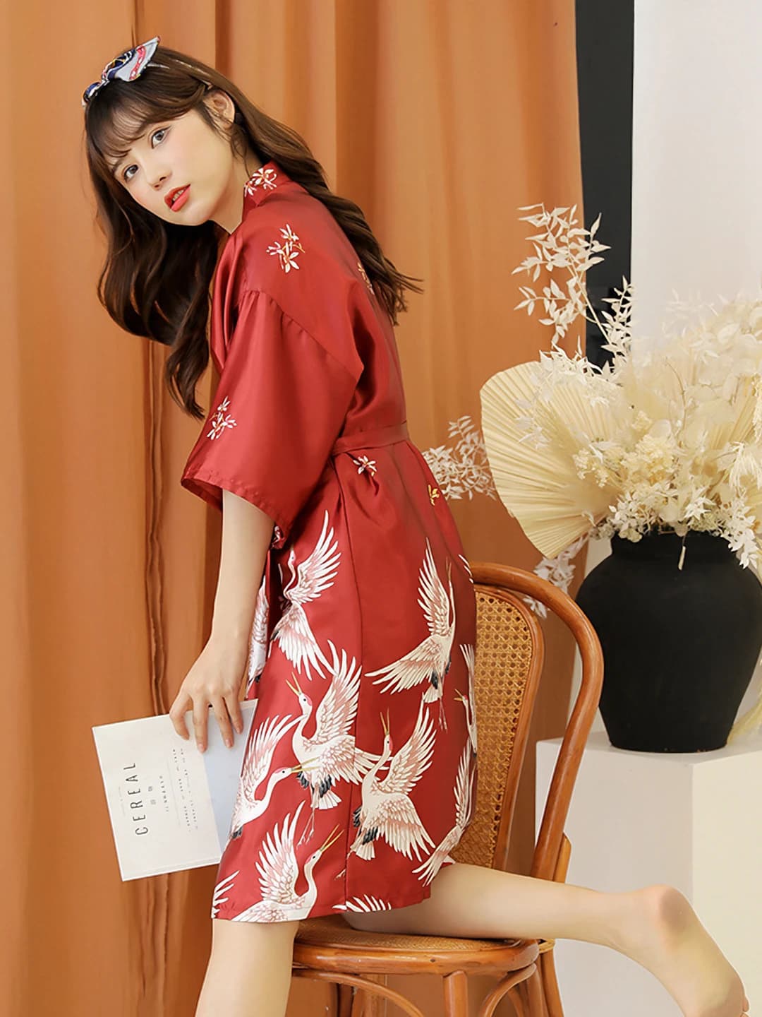Cranberry Red Silk Robe - Short Sleeve