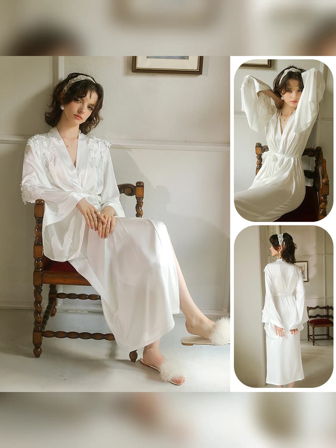 Women's satin home robe, long, flared sleeves, water-soluble flowers, thin, summer, spring, autumn