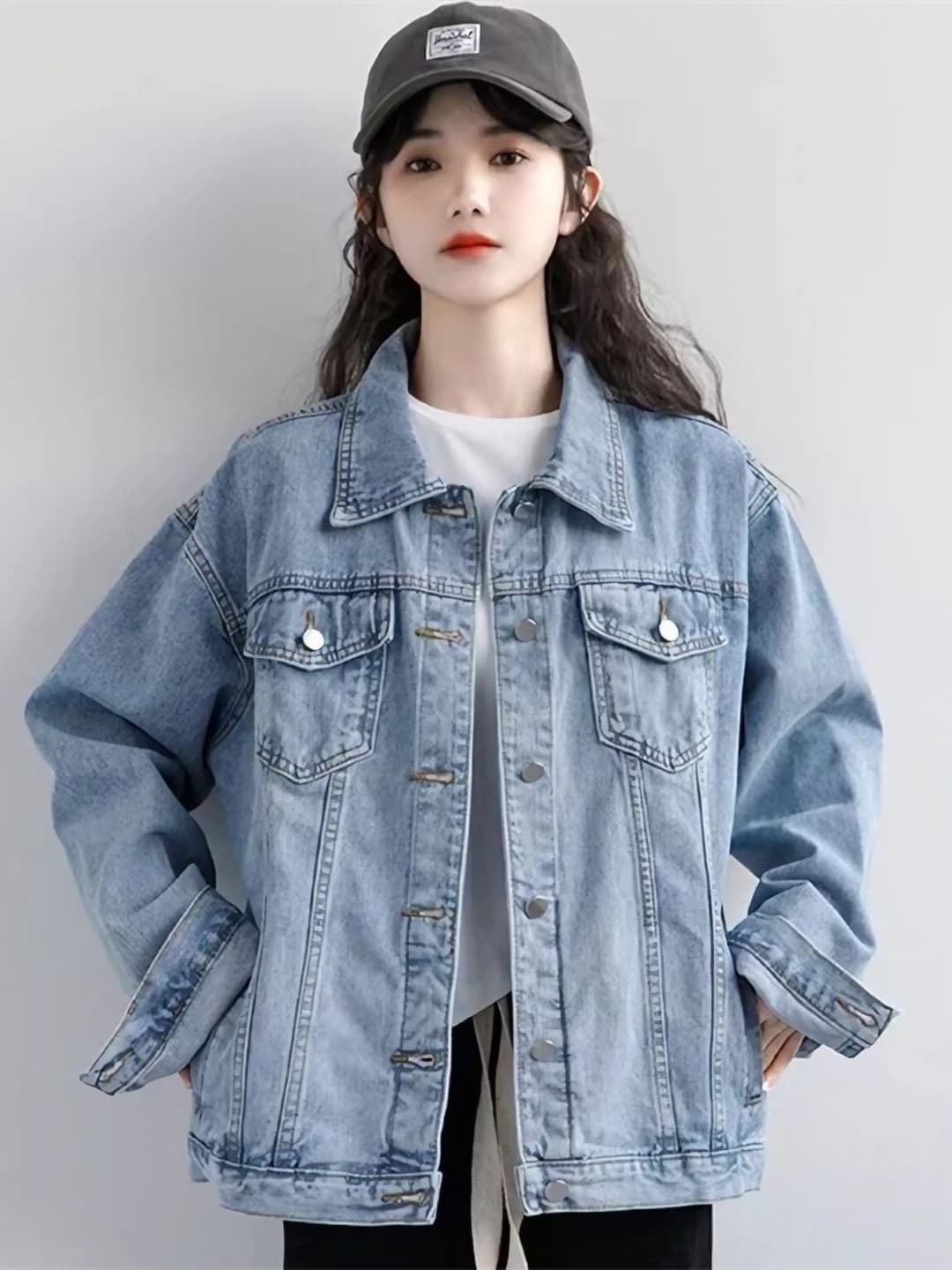 Ayollar uchun denim kurtka, bahor-kuz, 2026, bo'sh (oversize) kesim, retro, past bo'ylilar uchun, uzun yeng, kvadrat yoqa