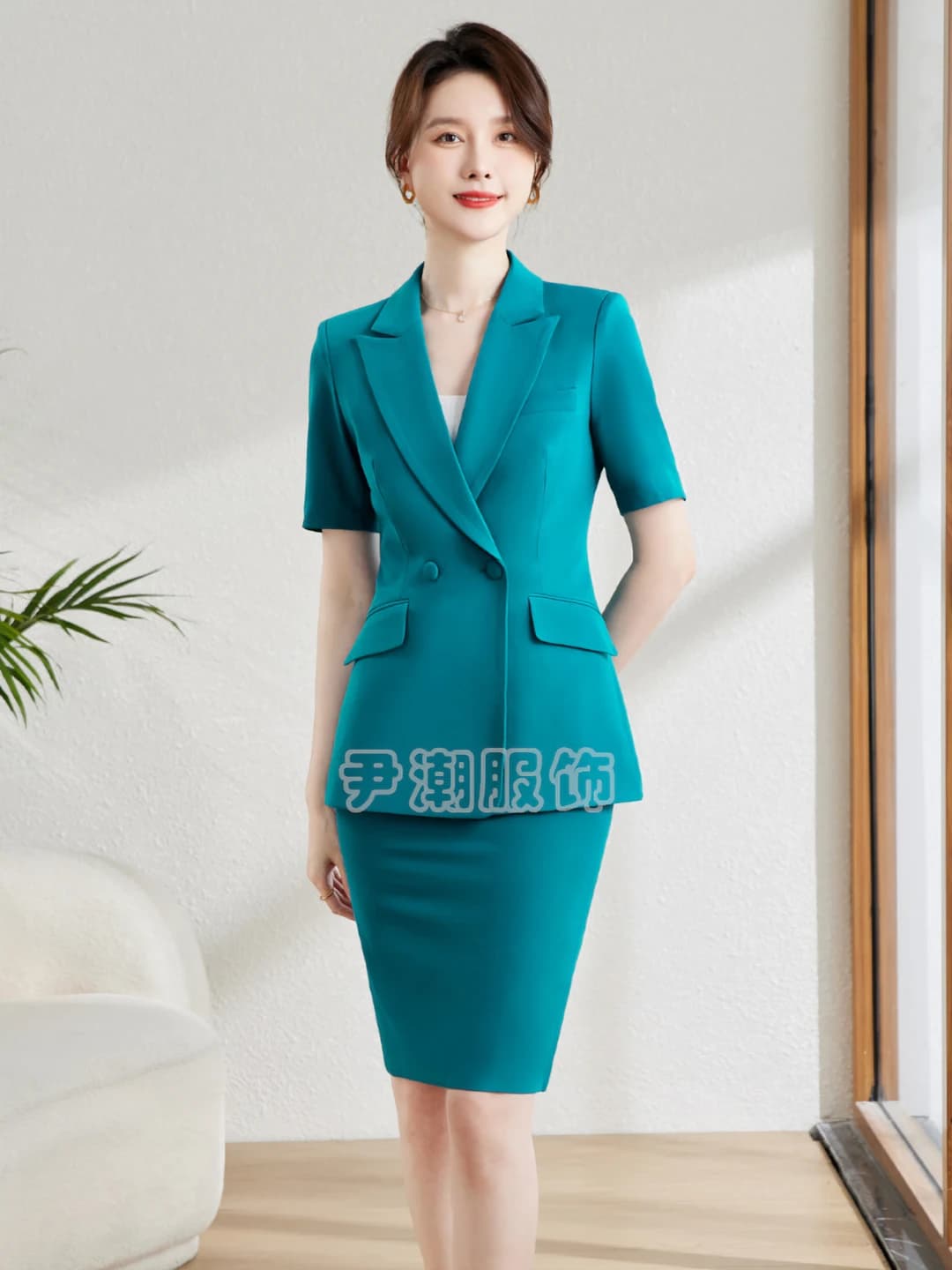 Women's business suit set with skirt, short sleeve, spring-summer 2026