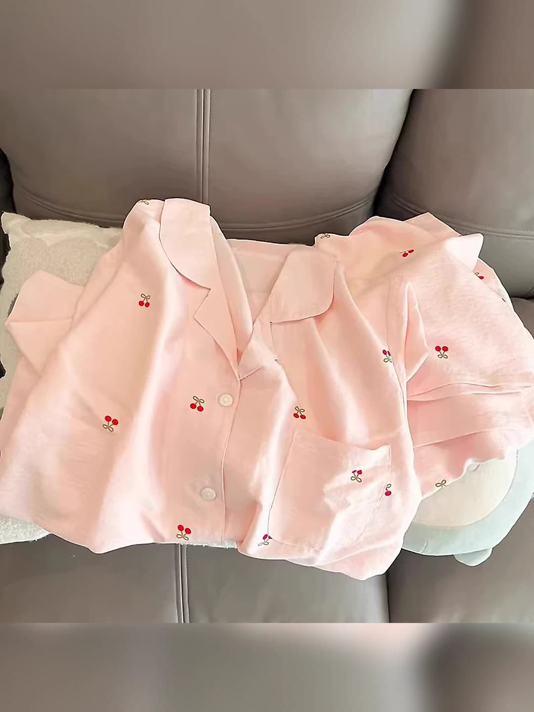 Women's spring-autumn 2026 pajama set, long sleeve, trousers, lapel collar, polyester, cherry print, loungewear