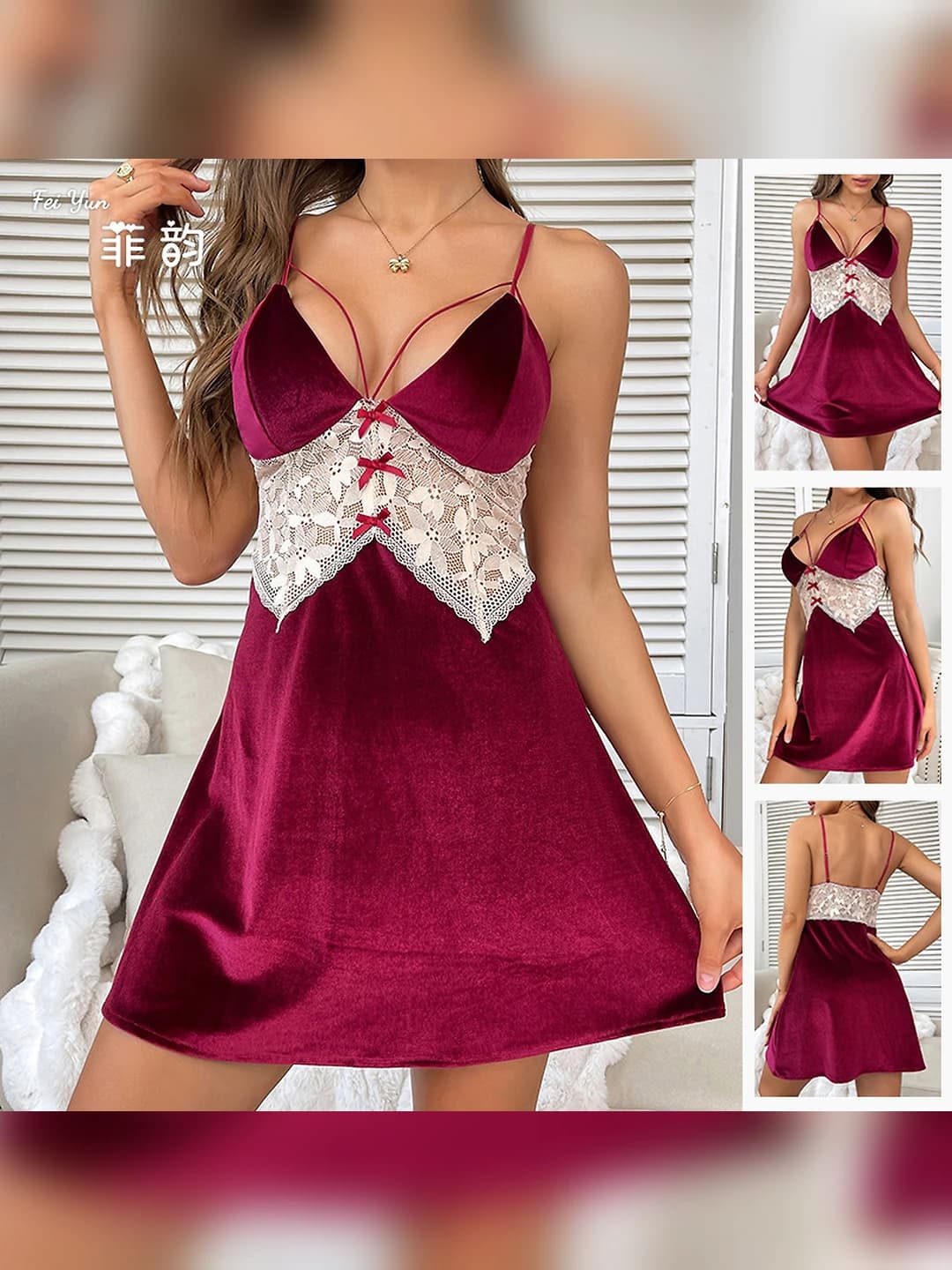 Women's nightgown: sleeveless, short, with lace and velvet, for autumn and winter
