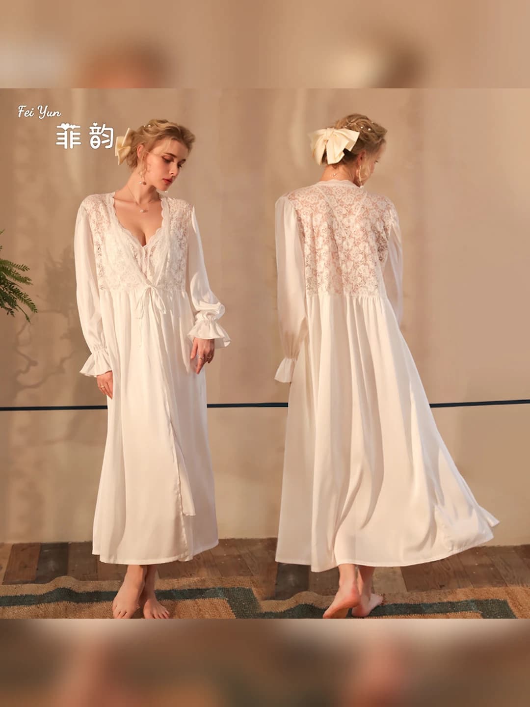 Women's spring-autumn satin house robe, lace, long sleeve, V-neck, breathable, light and pleasant