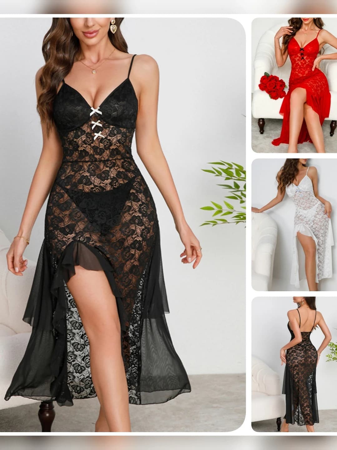 Women's lace nightgown, sleeveless, V-neck, long skirt, for summer, spring and autumn