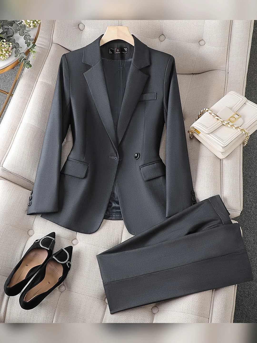 Women's autumn set: navy blazer and trousers, long sleeve, polyester and viscose fabric