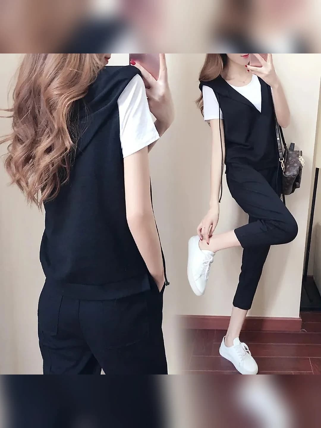 Women's summer plus size casual clothing set, loose fit slimming, capri trousers and short sleeve, three-piece set