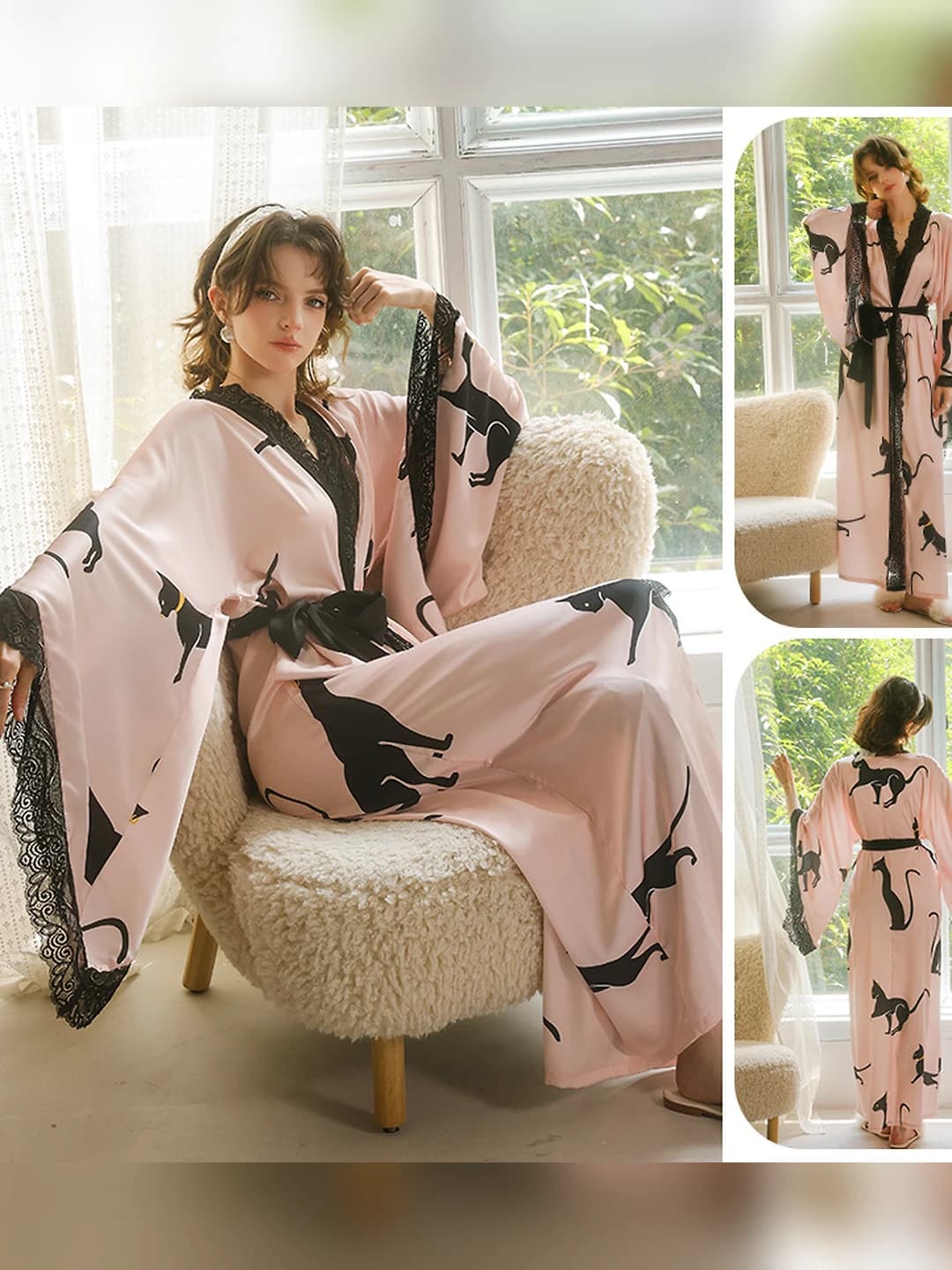 Women's retro long house robe with printed lace, pink, simulated silk, tie closure