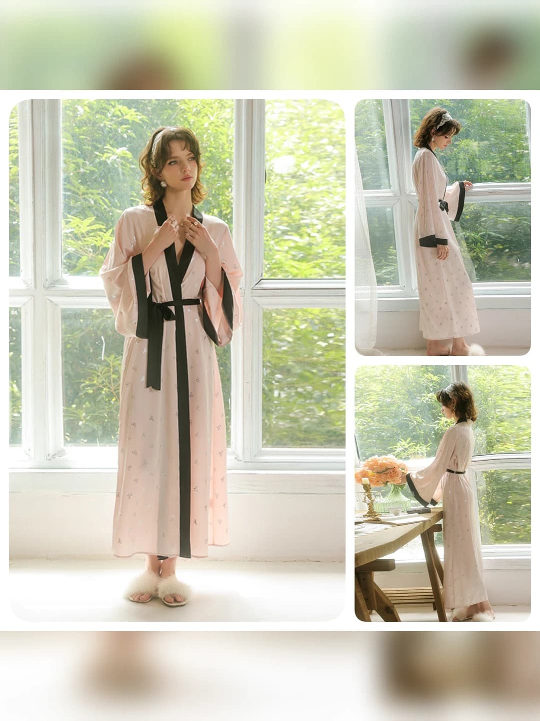 Women's house robe: pink, satin fabric, black contrast trim, long, tie-up, flared sleeves, summer, spring, autumn