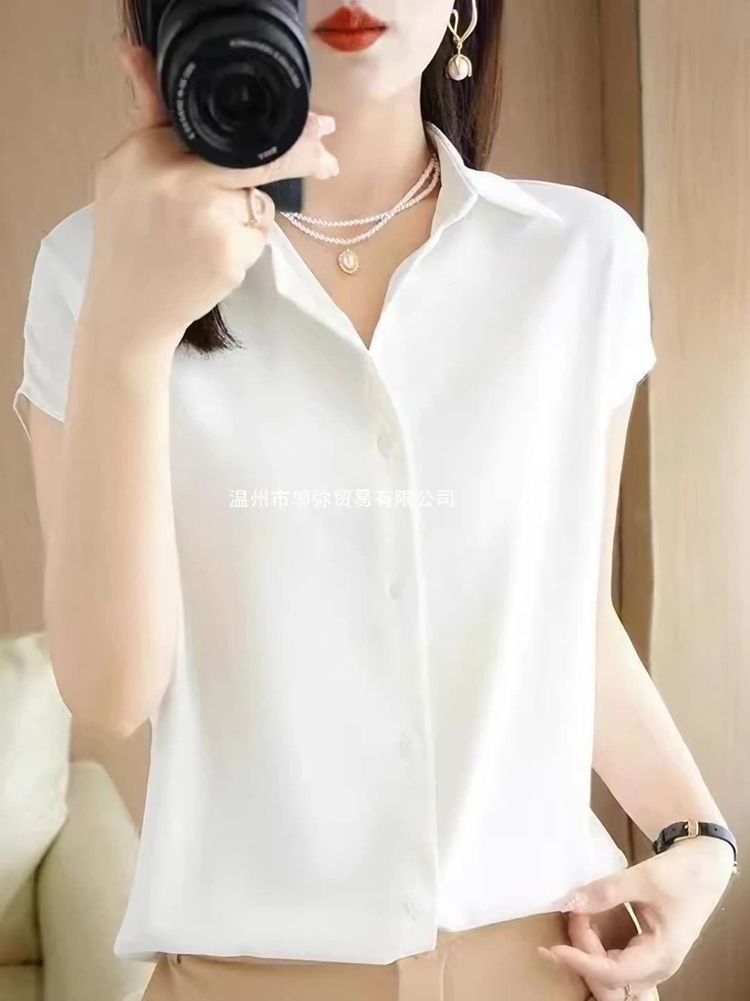 Women's V-neck short sleeve blouse, natural silk, loose fit, solid colour
