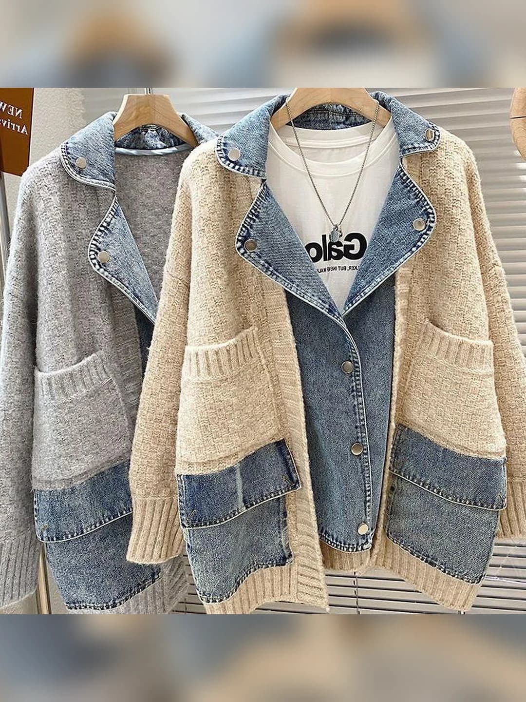 Women's plus size autumn-winter cardigan: retro, Korean style, loose fit, V-neck, long sleeve, denim patchwork, thick sweater