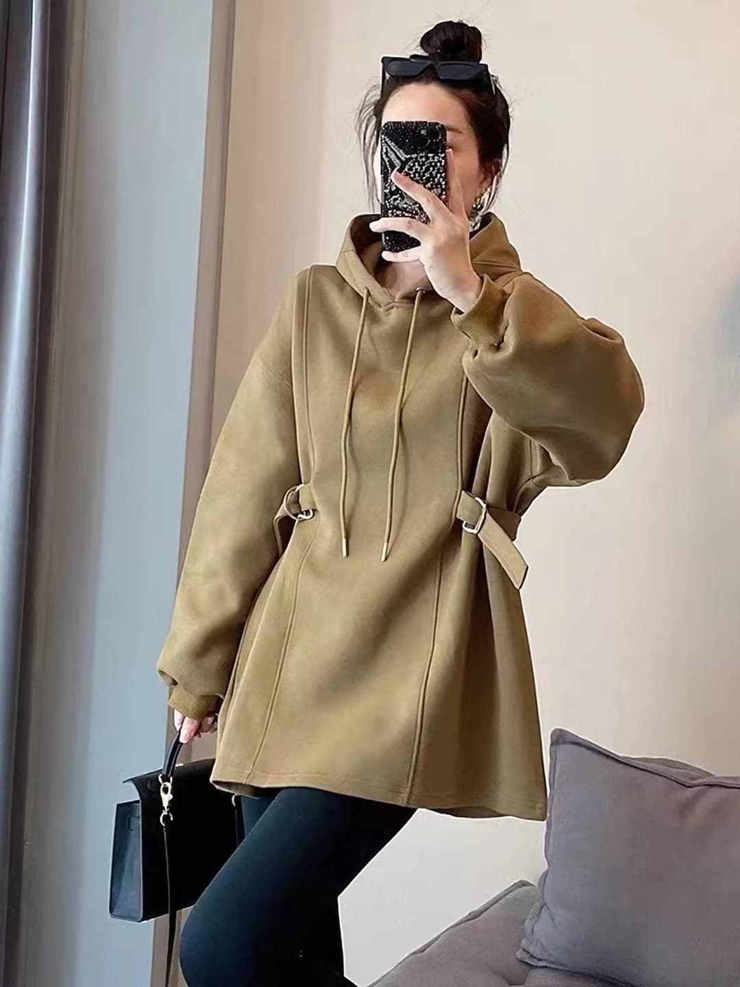 Women's fleece-lined, thickened, mid-length, solid colour, straight cut, long sleeve, high waist, patchwork, autumn-winter dress hoodie
