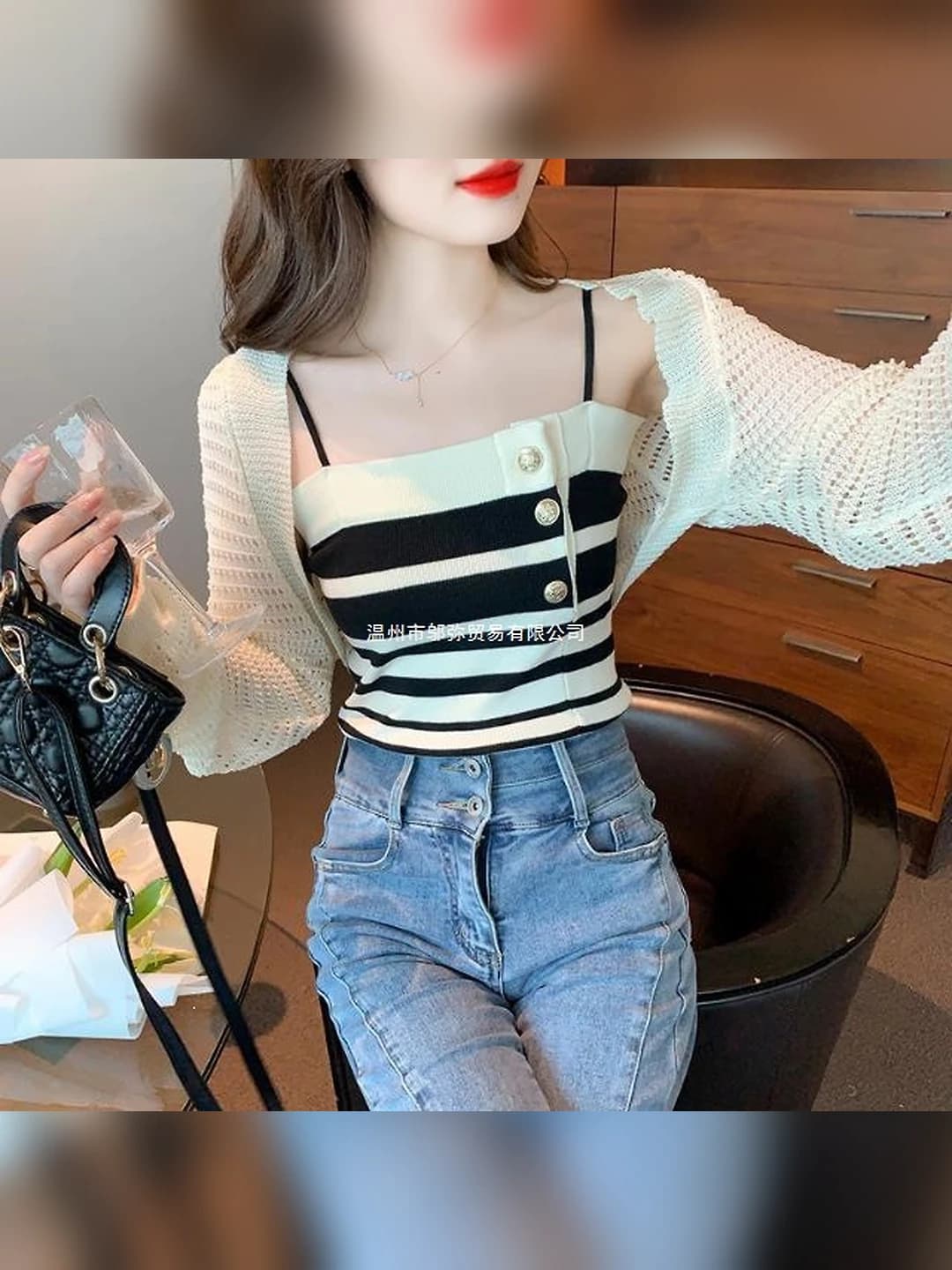 Women's plus size striped strap top, sleeveless, POLO collar, summer