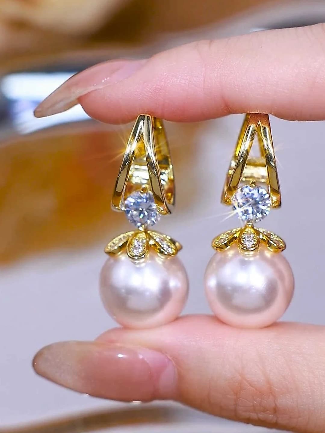 1# Diamond white fake pearl alloy earrings