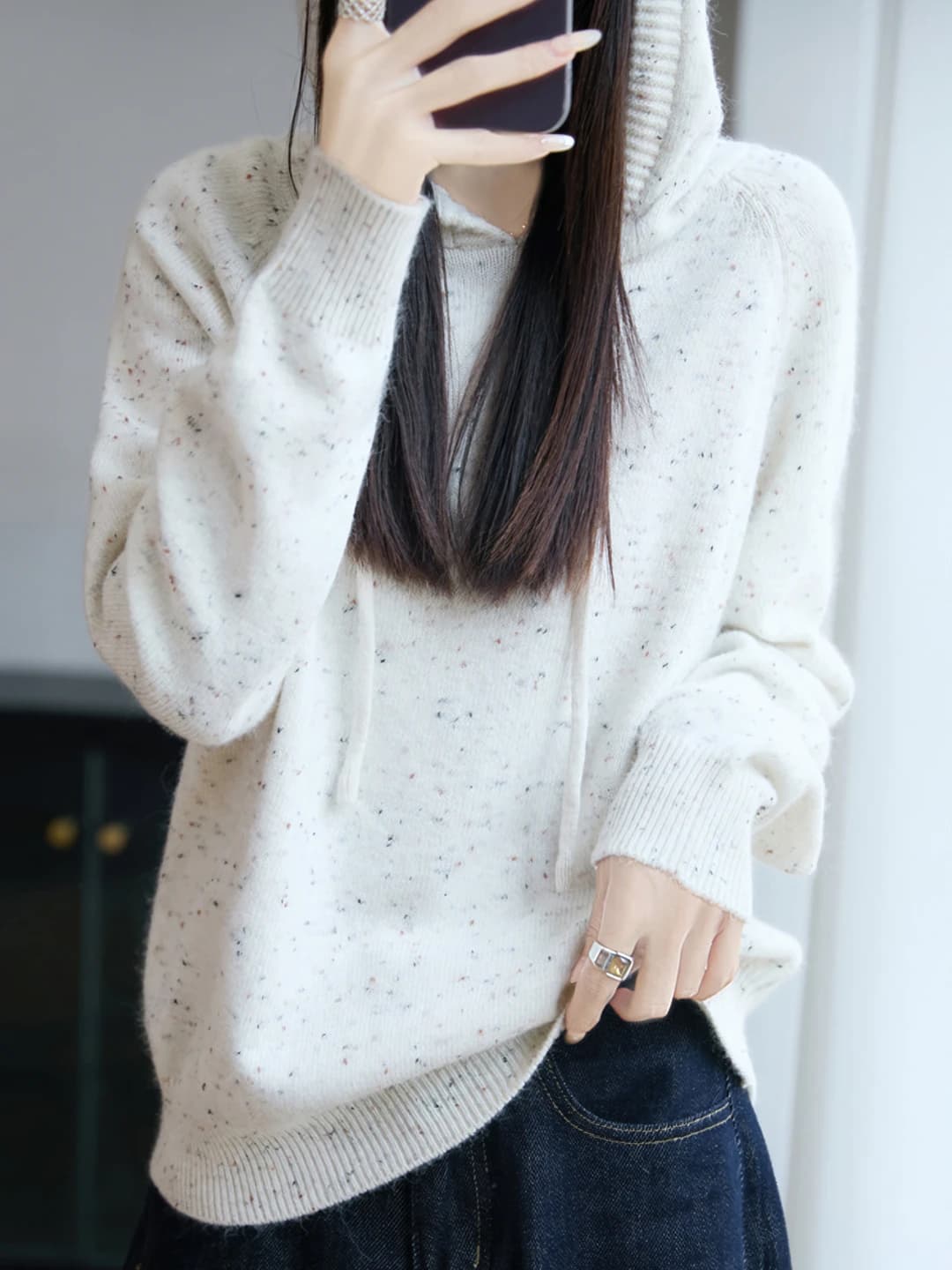 Women's 2026 autumn-winter wool knit top, loose fit, mock neck, long sleeve, solid colour, closure: pullover