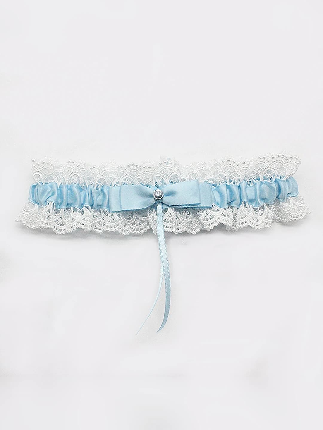 Women's garter belt with lace and bow, light blue color, polyester fabric