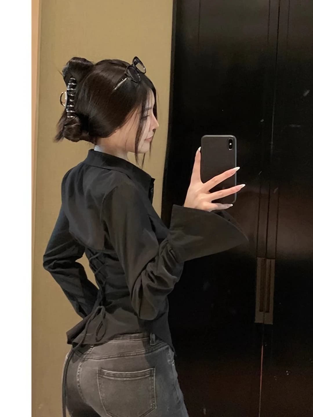 Women's spring black slim fit shirt with lapel collar, long sleeves, ruffle details, front button closure, solid colour