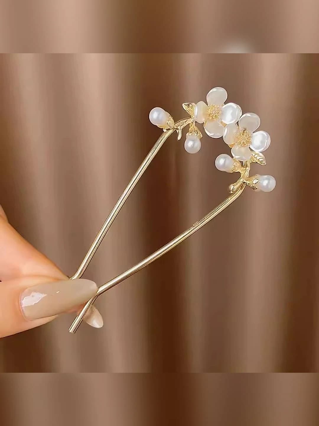 10# Gold pearl floral U-shaped hairpin