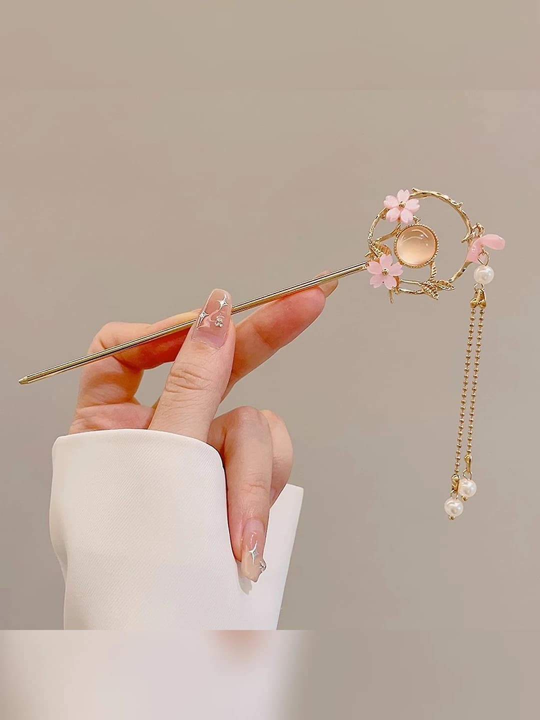 11# Pink flower wreath cat eye tassel hairpin (bagged)