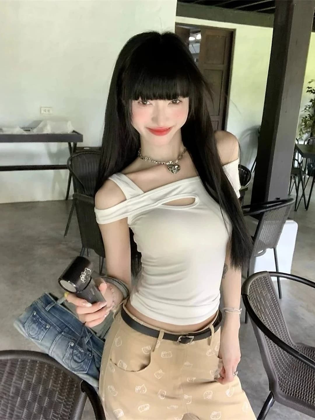 Women's tops with dropped shoulders: summer, cropped, slim fit, solid colour, white, petite, short sleeve, cutout design