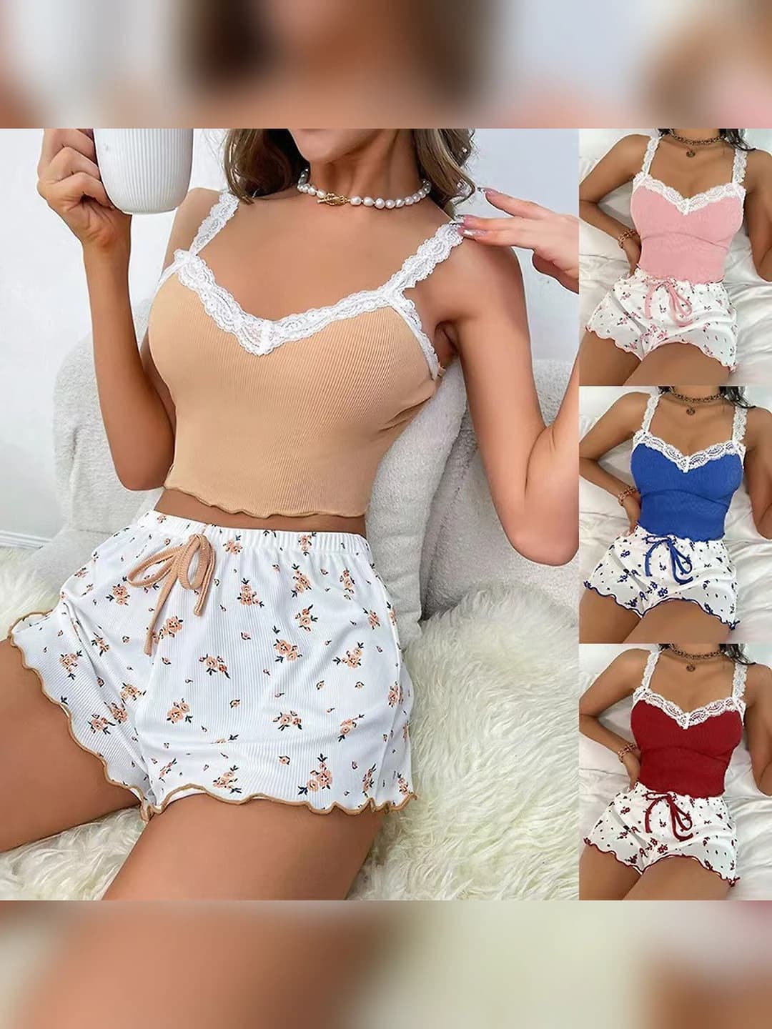 Women's home set: lace tank top and floral shorts, v-neck, sleeveless, slim fit, all-season