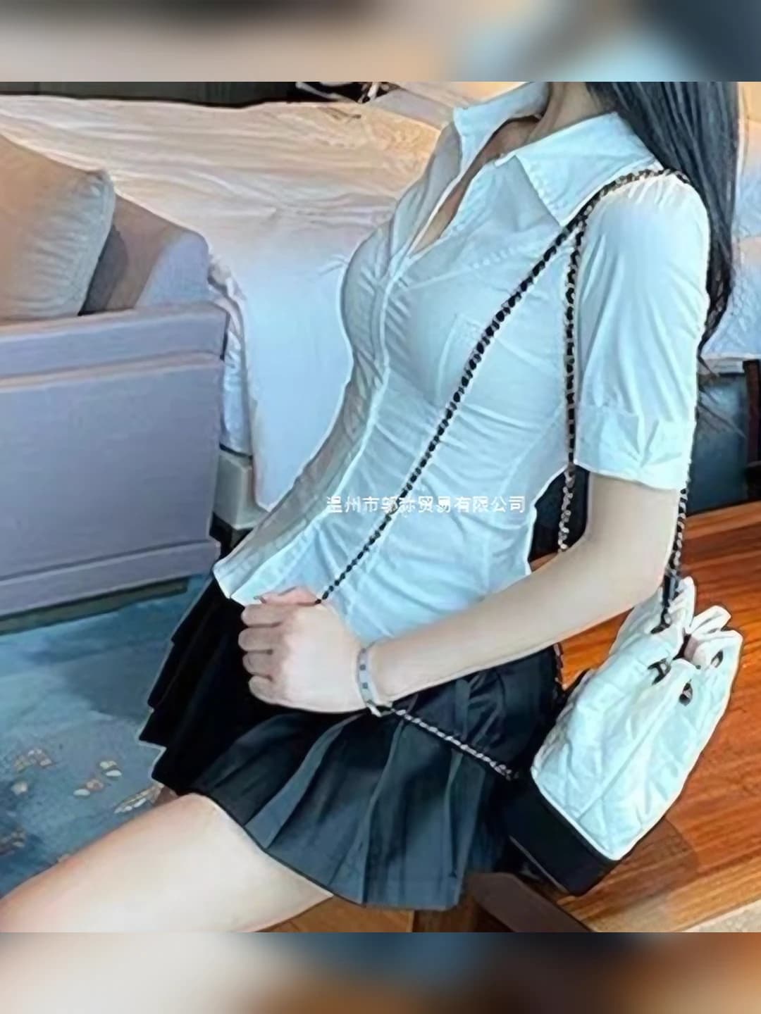 Women's plus size slim fit slimming short sleeve cropped white POLO collar sleeveless stretch 3D pattern loli style blouse
