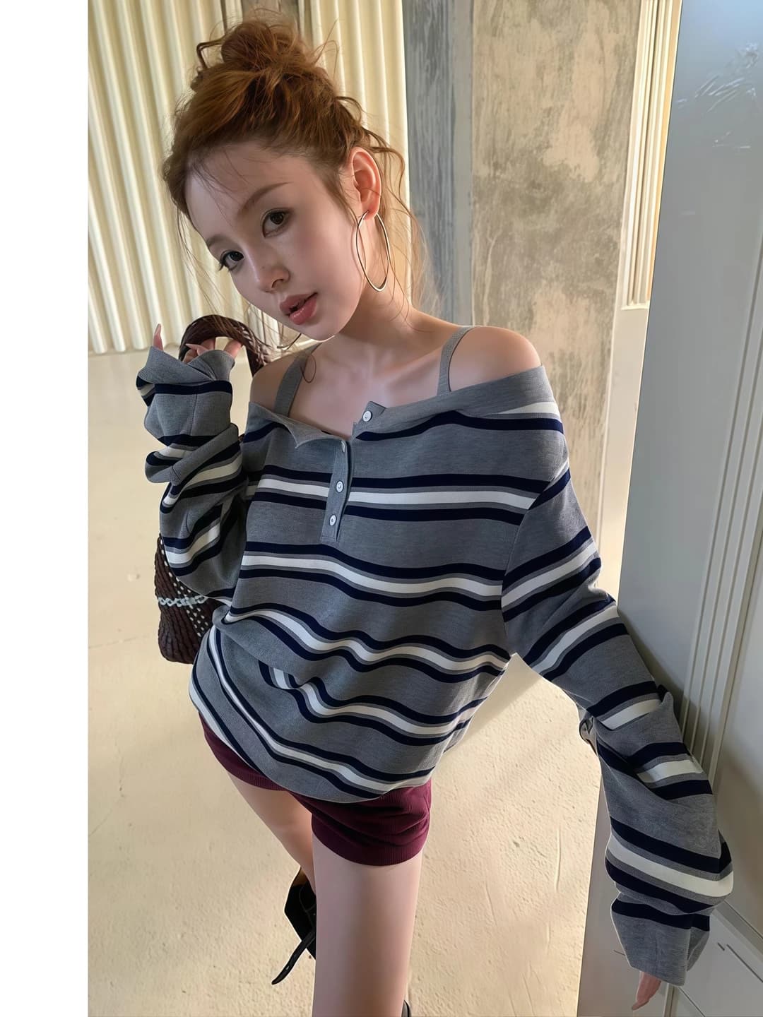 Women's off-shoulder striped long-sleeve t-shirt, loose fit, casual style