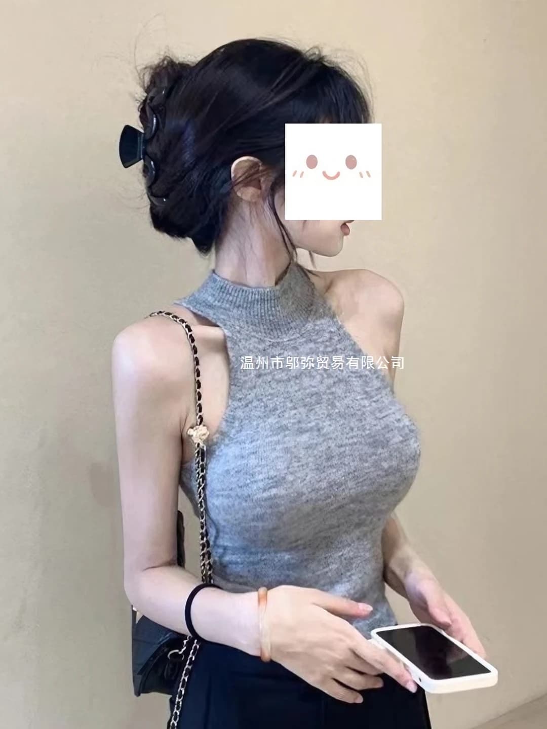 Ayollar uchun to'qima halter top: bahor-yoz, tanaga yopishgan, kalta, baland bel, koreys uslubida, 3D effektli, bir rangli